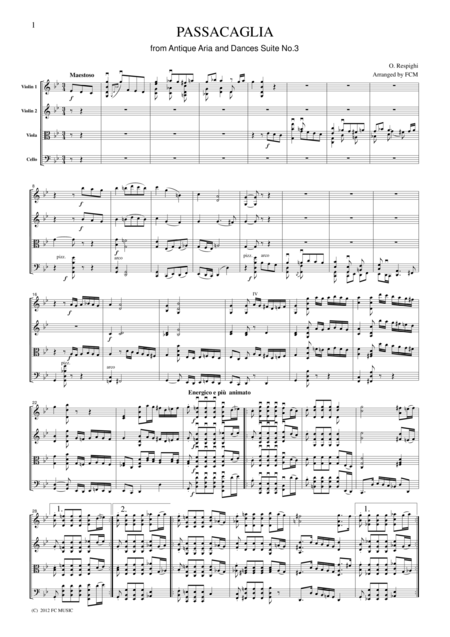 Respighi Passacaglia From Ancient Airs And Dances Suite No 3 For String Quartet Cr004 Sheet Music