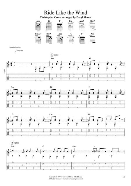 Ride Like The Wind Christopher Cross For Solo Fingerstyle Guitar Sheet Music