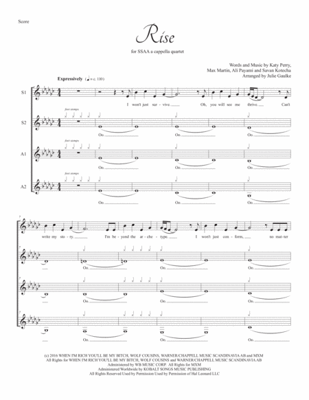 Rise Katy Perry For Ssaa A Cappella Quartet Sheet Music