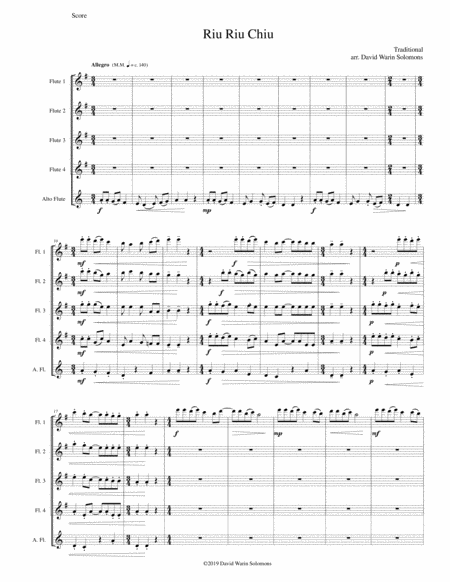 Free Sheet Music Riu Riu Chiu Arranged For Flute Quintet 4 Flutes And 1 Alto Flute