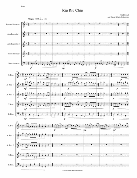 Riu Riu Chiu Arranged For Recorder Quintet Soprano 2 Altos Tenor Bass Sheet Music