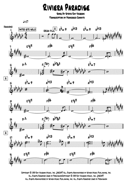 Free Sheet Music Riviera Paradise Stevie Ray Vaughan Hammond And Piano Solo Part Transcription