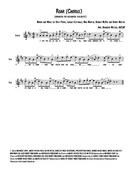 Free Sheet Music Roar Chorus Arranged For Beginning Violinists Or Flute Clarinet Saxophone Trumpet