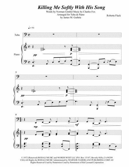 Free Sheet Music Roberta Flack Killing Me Softly With His Song For Tuba Piano