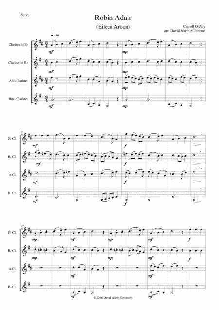 Free Sheet Music Robin Adair Eileen Aroon For Clarinet Quartet E Flat B Flat Alto Bass