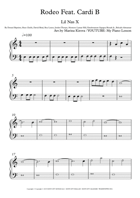 Rodeo Feat Cardi B Easy Piano With Note Names In Easy To Read Format Sheet Music