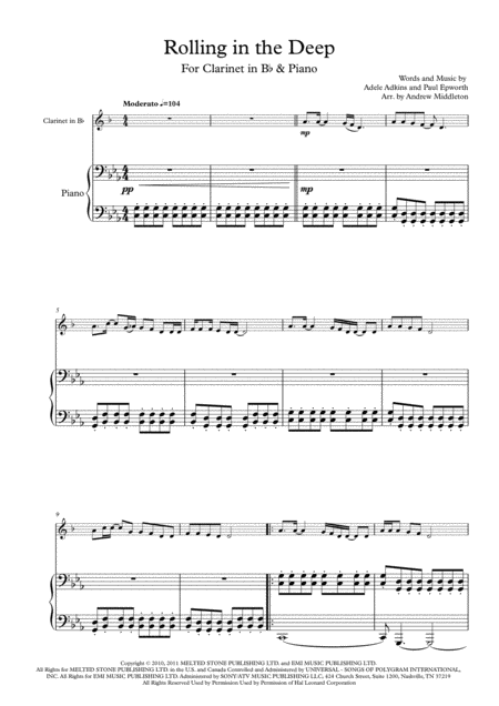 Rolling In The Deep Arranged For Clarinet In B Flat Piano Sheet Music