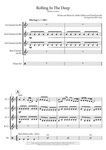 Rolling In The Deep Clarinet Quartet Harder Version Sheet Music