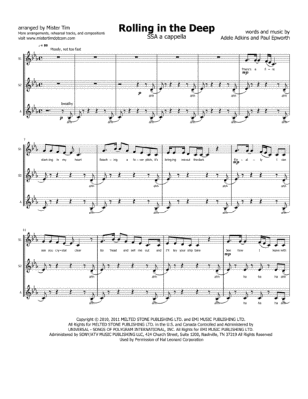 Rolling In The Deep Ssa A Cappella Sheet Music