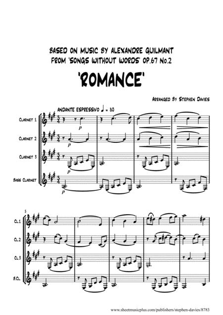 Free Sheet Music Romance Based On Music By Alexandre Guilmant From Songs Without Words Op 67 No 2 For Clarinet Quartet