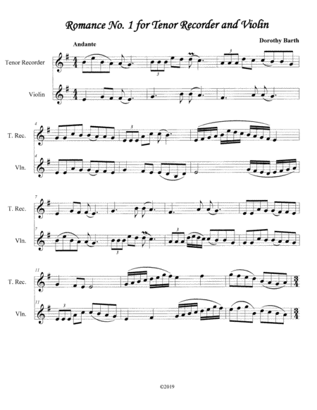 Romance No 1 For Tenor Recorder And Violin Sheet Music