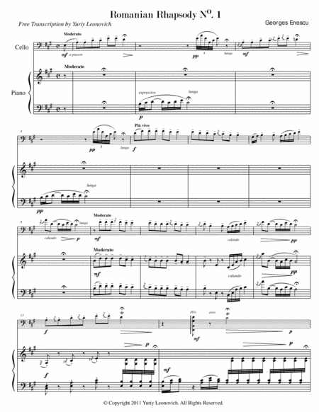 Free Sheet Music Romanian Rhapsody No 1 In A Major Op 11 Transcribed For Cello And Piano