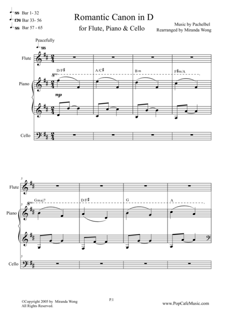 Free Sheet Music Romantic Canon In D For Flute Piano Cello