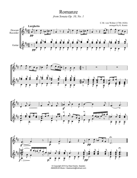 Free Sheet Music Romanze Op 10 For Descant Recorder And Guitar Score And Part