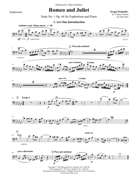 Romeo And Juliet Suite No 1 Op 64 For Euphonium And Piano Sheet Music