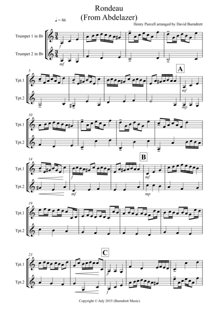 Free Sheet Music Rondeau From Abdelazer For Trumpet Duet