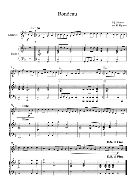 Free Sheet Music Rondeau Jean Joseph Mouret For Clarinet Piano