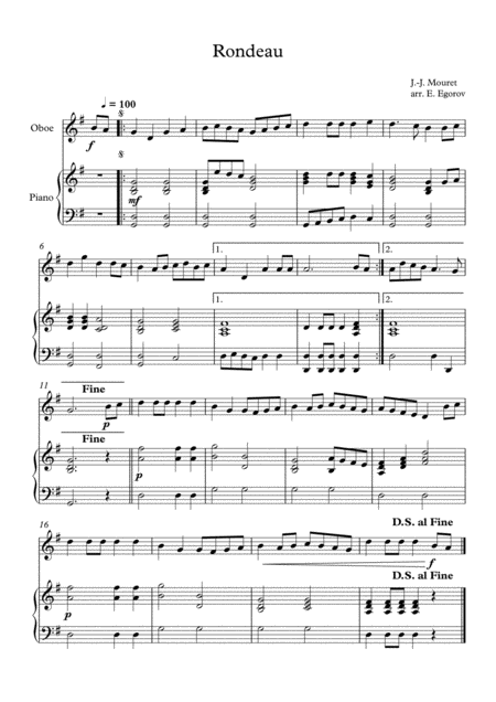 Free Sheet Music Rondeau Jean Joseph Mouret For Oboe Piano