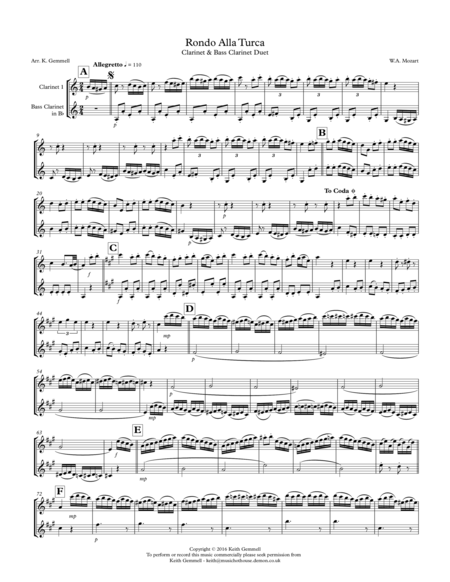 Rondo Alla Turca Clarinet Bass Clarinet Duet Sheet Music