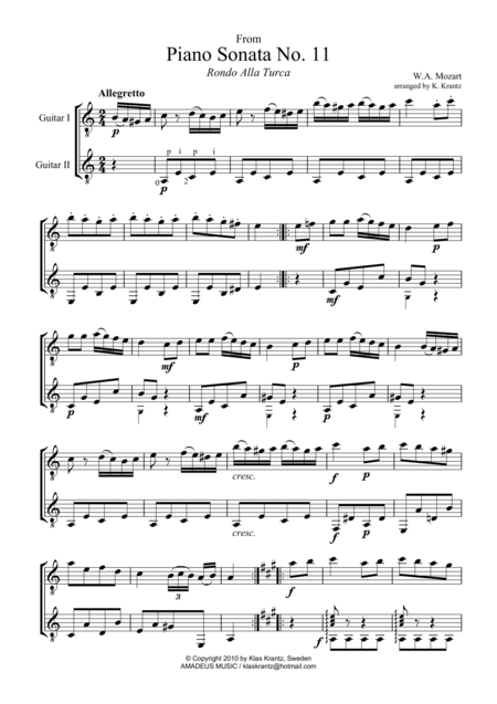 Free Sheet Music Rondo Alla Turca For Guitar Duo