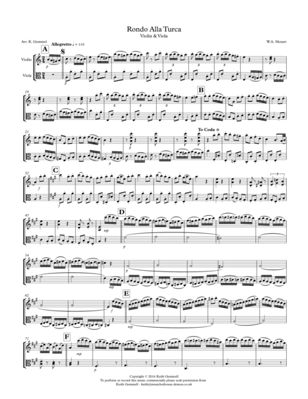 Free Sheet Music Rondo Alla Turca Violin Viola