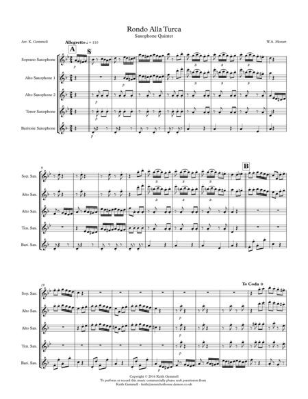 Rondo Alla Turka Saxophone Quintet Sheet Music