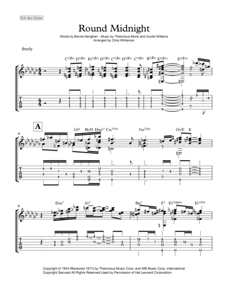 Round Midnight Jazz Guitar Chord Melody Sheet Music