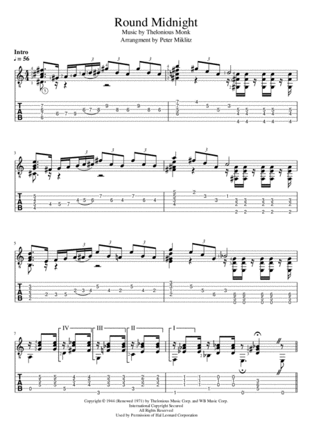 Free Sheet Music Round Midnight Standard Notation And Tab
