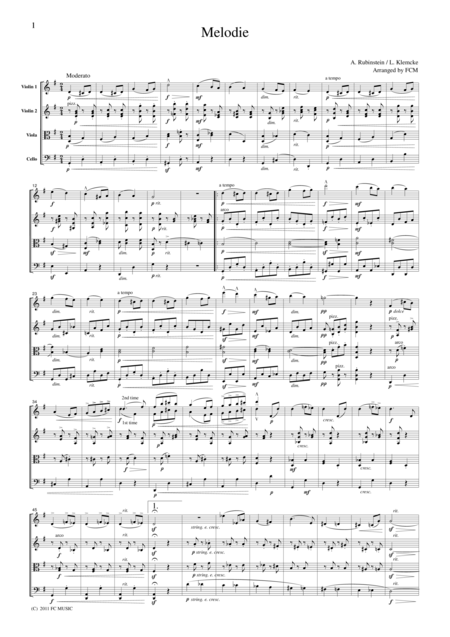 Free Sheet Music Rubinstein Melody For String Quartet Cr501