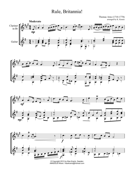 Free Sheet Music Rule Britannia For Clarinet In Bb And Easy Guitar