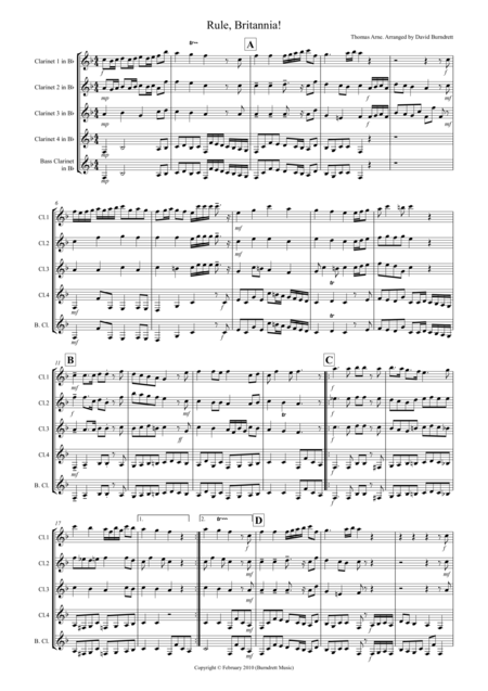 Free Sheet Music Rule Britannia For Clarinet Quintet