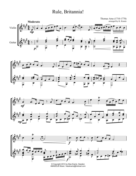 Rule Britannia For Violin And Guitar Sheet Music