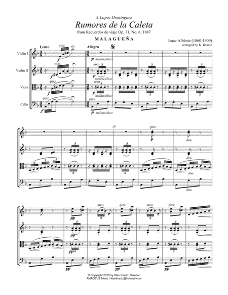 Free Sheet Music Rumores De La Caleta Op 71 For String Quartet
