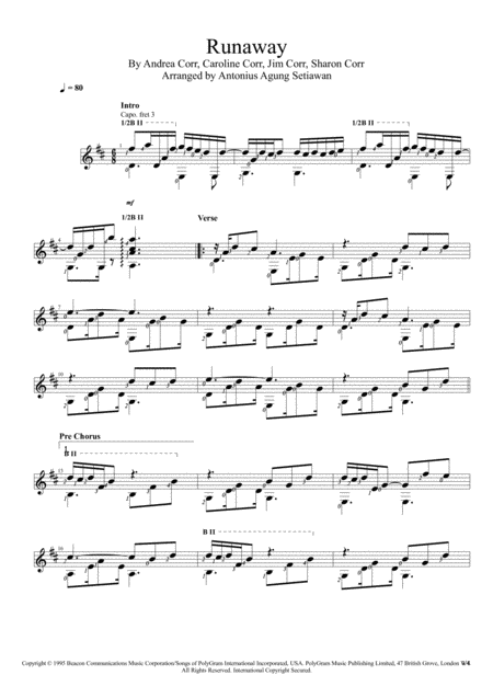 Free Sheet Music Runaway Solo Guitar Score