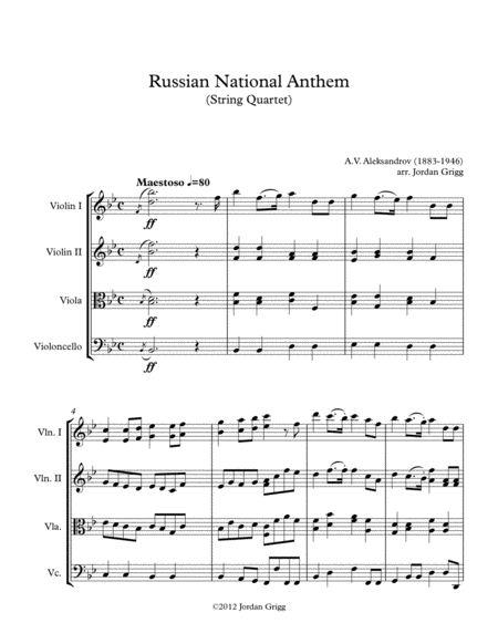 Russian National Anthem String Quartet Sheet Music