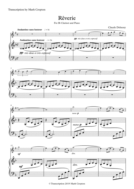 Free Sheet Music Rverie Claude Debussy Arr For Clarinet By Mark Cropton