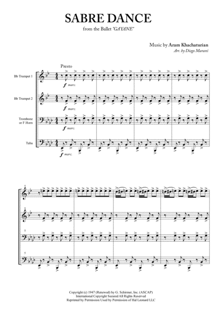 Sabre Dance For Brass Quartet Sheet Music