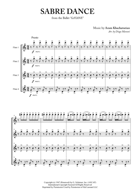 Sabre Dance For Flute Quartet Sheet Music