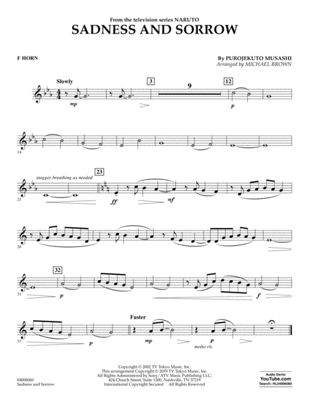 Sadness And Sorrow From Naruto Arr Michael Brown F Horn Sheet Music