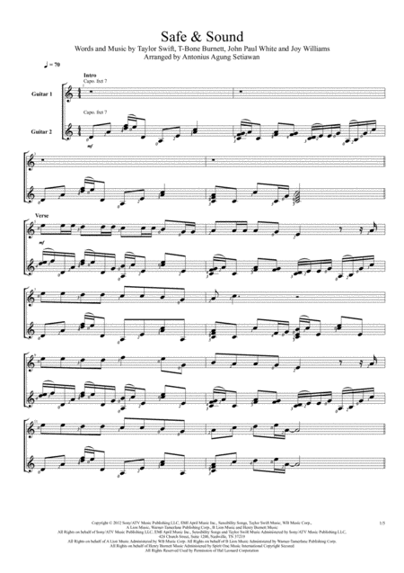 Safe And Sound Duet Guitar Score Sheet Music