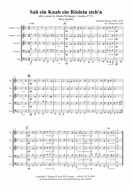 Sah Ein Knab Ein Roeslein Stehn German Folk Song Brass Quintet Sheet Music