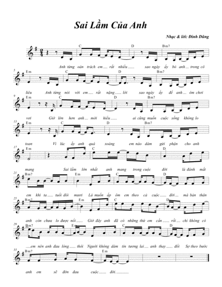 Free Sheet Music Sai Lam Cua Anh Sheet Music And Chords