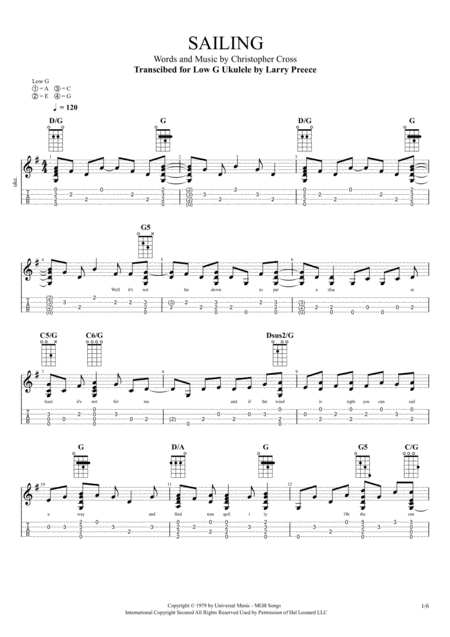 Sailing Christopher Cross For Fingerstyle Ukulele Sheet Music