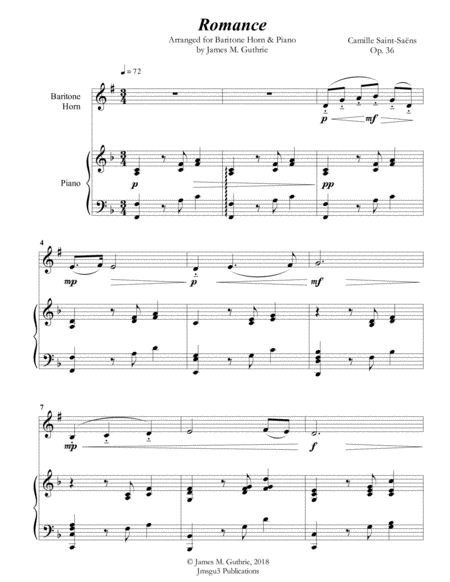 Saint Saens Romance For Baritone Horn Piano Sheet Music