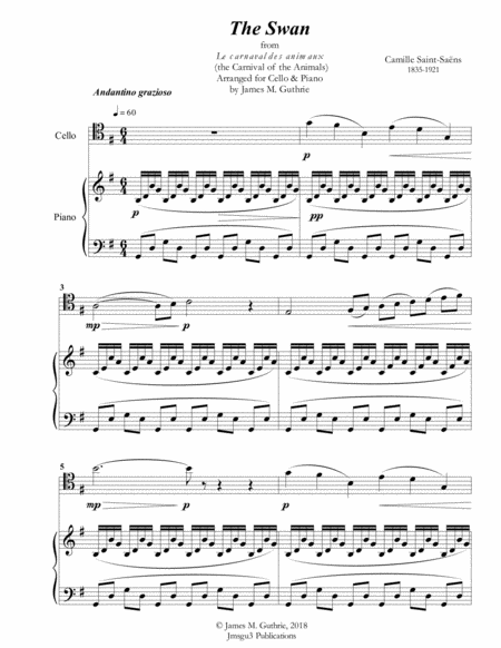 Saint Saens The Swan For Cello Piano Sheet Music