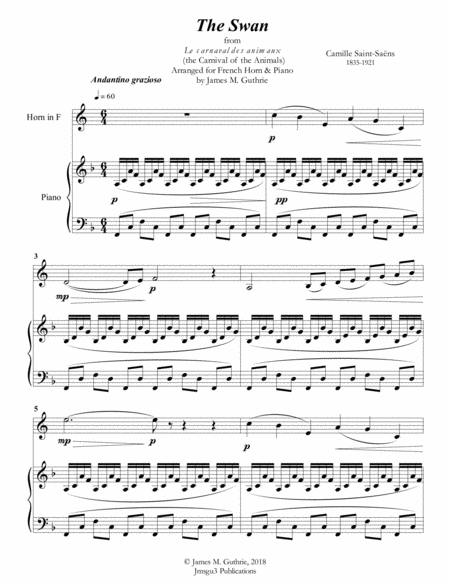 Saint Saens The Swan For French Horn Piano Sheet Music