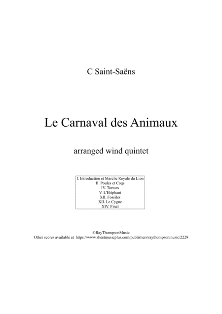 Saint Sans Le Carnaval Des Animaux The Carnival Of The Animals A Selection Of Pieces From Wind Quintet Sheet Music