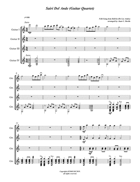 Sairi Del Ande Guitar Quartet Sheet Music