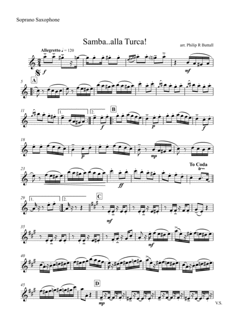 Samba Alla Turca Saxophone Quartet Quintet Set Of Parts X4 5 Sheet Music