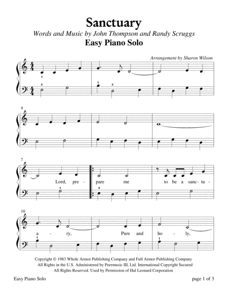 Sanctuary Easy Piano Solo Sheet Music